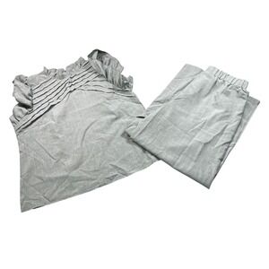 Women's Petite Large Sage Green 2 Piece Pants Set Ruffle Pintuck Top PL
